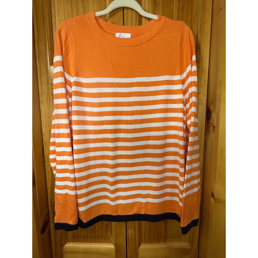 Belle Kim Gravel NWOT XL Nautical Stripe‎ Sweater Orange White Pop Hem Navy Trim